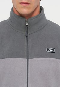Άνδρας που φοράει δίχρωμο γκρι fleece μπουφάν με φερμουάρ στο μπροστινό μέρος και μικρό λογότυπο βουνού στο στήθος.