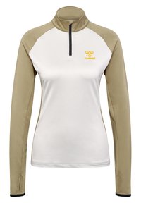 Lekki sportowy top na zamek z długimi rękawami, biały korpus, khaki rękawy oraz czarny zamek z żółtym logo na klatce piersiowej.