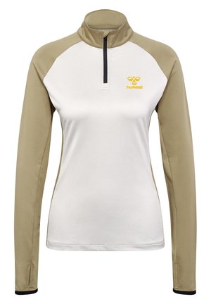 Lichte zip-up sporttop met lange mouwen, een witte romp, kaki mouwen en een zwarte rits met een gele logo op de borst.
