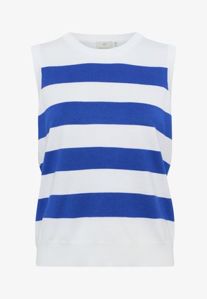 Majica bez rukava u bijeloj boji s odvažnim plavim horizontalnim prugama. Mekana pletenina, okrugli izrez, rebrasti rub. Udoban dizajn pogodan za kombiniranje.