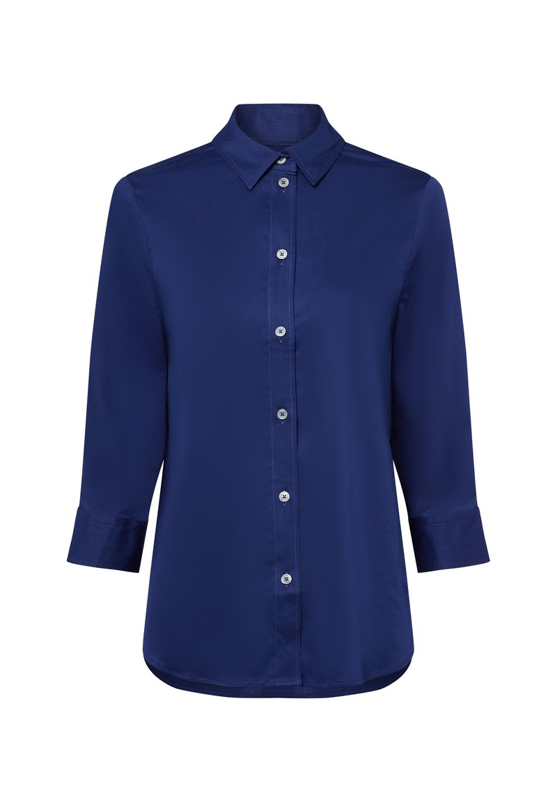 Navy blue, long-sleeve shirt made from smooth fabric, featuring a button-up front, classic collar, and cuffed sleeves.