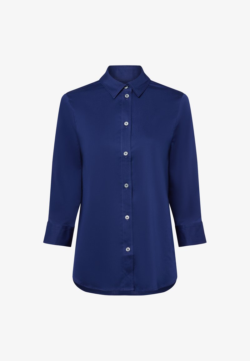 Navy blue, long-sleeve shirt made from smooth fabric, featuring a button-up front, classic collar, and cuffed sleeves.