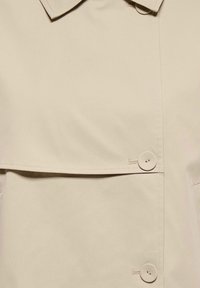 Lichtbeige jas met een spitse kraag, knoopsluiting aan de voorkant en een gladde stoffen textuur met een deels overlappend ontwerp.