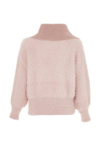 Pullover di cotone leggero e morbido di colore rosa chiaro, con colletto alto a coste e orlo a coste. Presenta maniche lunghe e larghe con polsini leggermente svasati.