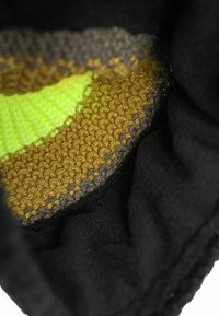 Knit hat interior featuring green, brown, and gray patterns; black outer fabric; textured, soft material; close-up view.