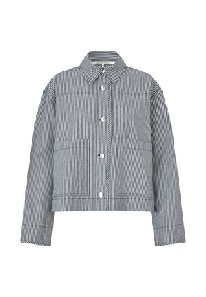 Gestreepte blousejack met knopen, lange mouwen, opgestikte zakken en een omgeslagen kraag in blauw-witte verticale strepen.