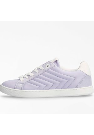 Purple synthetic leather sneakers with white accents, featuring a patterned side, round toe, and rubber sole. Laced closure at the front.