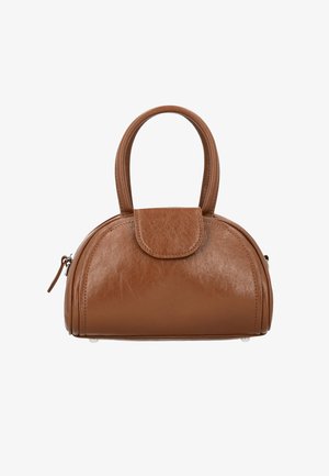 Braune Lederhandtasche mit abgerundetem oberen Rand, doppelten Griffen, Klappenverschluss und seitlichem Reißverschluss, dargestellt auf weißem Hintergrund.
