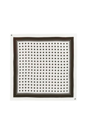 White square scarf with evenly spaced black polka dots and thick black border with thin white stripes inside.