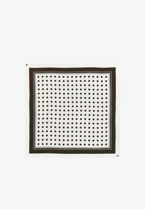 Valge ruudukujuline sall, millel on ühtlaselt paigutatud mustad täpid ning paks must äär, mille sees on õhukesed valged triibud.