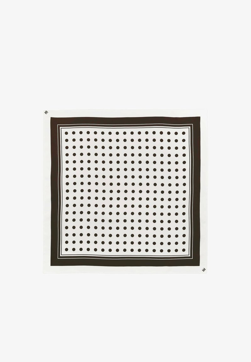 Λευκό τετράγωνο μαντήλι με ομοιόμορφα κατανεμημένες μαύρες πουά και παχιά μαύρη μπορντούρα με λεπτές λευκές ρίγες στο εσωτερικό.