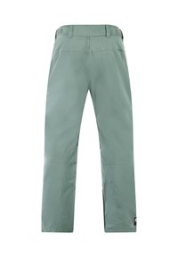 Lichtgroene outdoorbroek met een soepele textuur, voorzien van een tailleband en zijritsen voor ventilatie. Gemaakt van duurzame, weerbestendige stof.