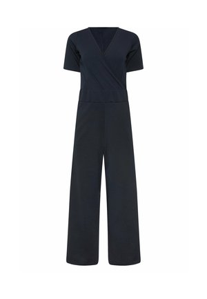 Schwarzer Kurzarm-Jumpsuit mit überkreuztem V-Ausschnitt und weitem Bein.