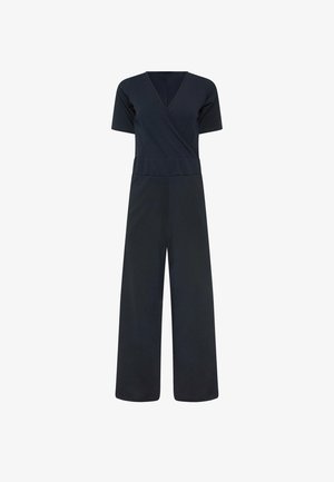 Schwarzer Kurzarm-Jumpsuit mit überkreuztem V-Ausschnitt und weitem Bein.