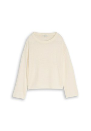 Cremefarbener Langarm-Strickpullover mit rundem Ausschnitt und leicht gekürztem Saum, präsentiert vor weißem Hintergrund.