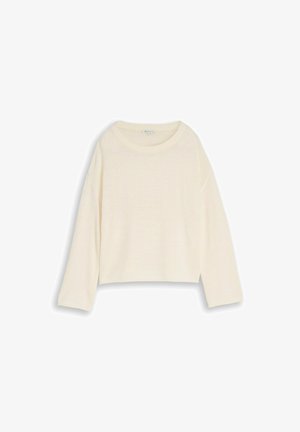 Cremefarbener Langarm-Strickpullover mit rundem Ausschnitt und leicht gekürztem Saum, präsentiert vor weißem Hintergrund.