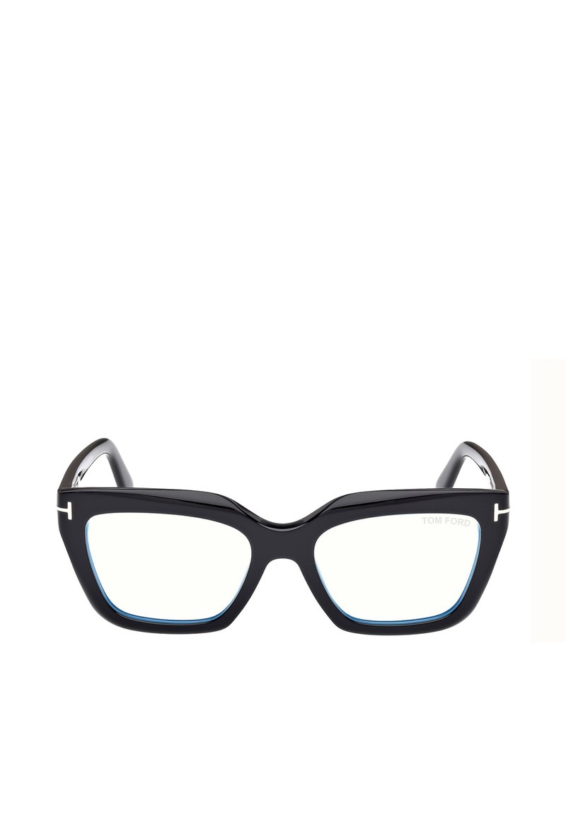 Lunettes noires œil de chat avec une finition brillante, présentant des accents bleus le long des bords et un logo argenté sur la branche. Verres transparents.