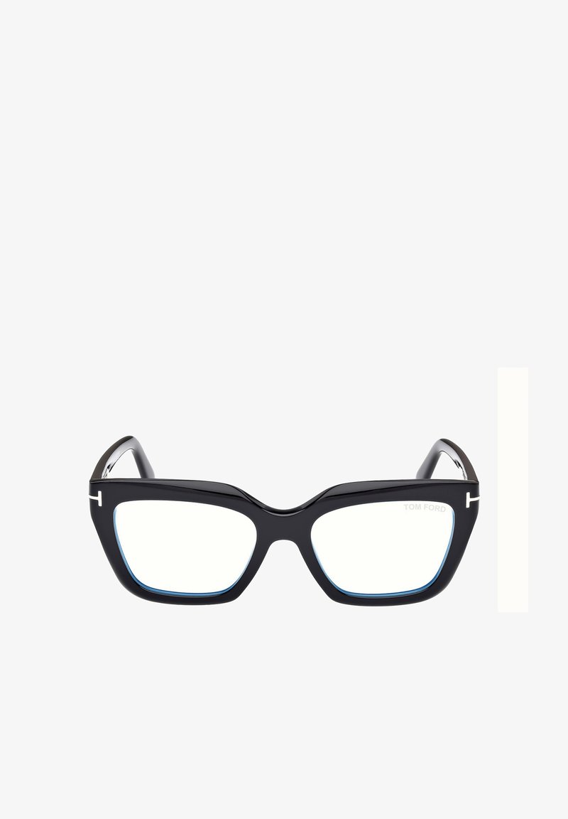 Lunettes noires œil de chat avec une finition brillante, présentant des accents bleus le long des bords et un logo argenté sur la branche. Verres transparents.