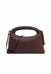 Sac en cuir tressé de couleur bourgogne foncé, doté d'une anse ronde et d'une bandoulière amovible, avec des accents contrastants discrets.