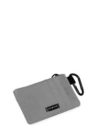 Gray fabric wallet with three card slots, a zippered compartment, and a black carabiner attached. Features stitched edges and a logo tag.