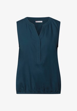 Haut sans manches bleu en tissu lisse, avec un col en V, des détails froncés aux épaules et un ourlet élastique.