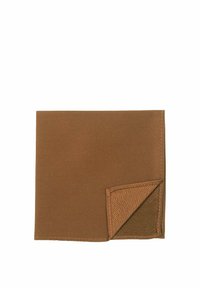 Brown textile with a smooth texture and diagonal pattern. Features a folded corner with contrasting stitching and a neat hem.