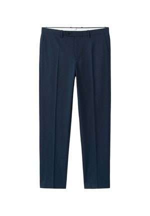 Marineblaue, gerade geschnittene Anzughose mit Bügelfalte vorne, seitlichen Taschen, Gürtelschlaufen und Knopfverschluss in der Taille.