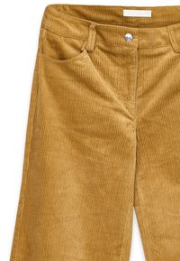 Nohavice z kordu v zlatej hnedej farbe, s vertikálnym ribbingom, zapínaním na gombík, dvoma prednými vreckami a rovný strih nohavíc.