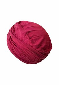 Bordo turban wykonany z miękkiego, elastycznego materiału. Posiada skręcony wzór z marszczonym wykończeniem oraz okrągły, objętościowy kształt.