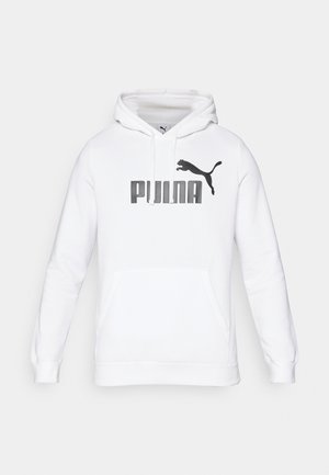Hvid Puma-hættetrøje med kængurulomme foran, snor i hætten og sort Puma-logo samt tekst på brystet.