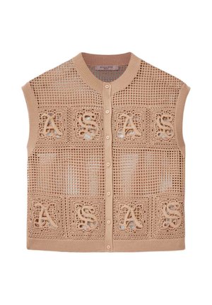 Beige mouwloze gehaakte vest met knoopsluiting aan de voorkant, met een rasterpatroon en geborduurde letters "A S A S" op de voorpanelen.