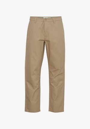 Beige cotton trousers with a straight leg design, featuring a front button and zip closure, side pockets, and a clean finish.