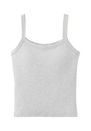Grå ærmeløs bomulds-top med tynde skulderstropper og en let rundet halsudskæring, vist på en hvid baggrund.