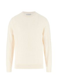 Kremowy dzianinowy sweter z fakturowanym wzorem, okrągłym dekoltem oraz ściągaczami na rękawach i u dołu, wykonany z miękkiej tkaniny.