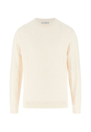 Kremowy dzianinowy sweter z fakturowanym wzorem, okrągłym dekoltem oraz ściągaczami na rękawach i u dołu, wykonany z miękkiej tkaniny.