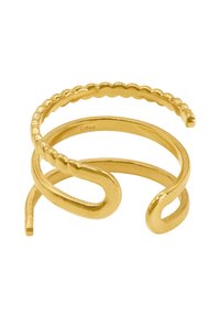 Anello color oro realizzato in acciaio, caratterizzato da un design a spirale con texture lisce e ondulate e estremità aperte per la regolazione.