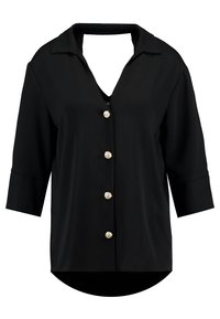 Svart skjorta med V-hals, krage, trekvartslånga ärmar och sex dekorativa knappar framtill. Slät textur, rundad nederkant.