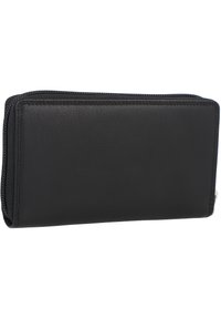 Zwarte leren portemonnee met een gladde textuur, ritssluiting aan de bovenkant en een rechthoekige vorm. Heeft een minimalistisch ontwerp zonder versieringen.