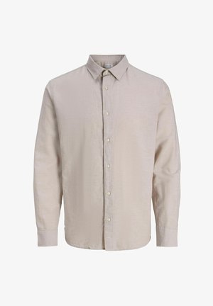 Chemise beige à manches longues avec col, boutons à l'avant et poignets boutonnés.