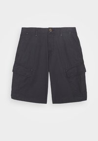 Pantaloni cargo neri con tasche anteriori e laterali a soffietto, chiusura con bottone e passanti per cintura, esposti su uno sfondo bianco semplice.