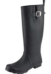 Botte de pluie noire en caoutchouc haute avec une sangle à boucle en argent près du haut et une languette à l'arrière.