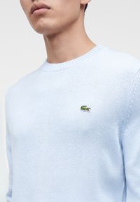 Jeune homme portant un pull tricoté bleu clair avec un petit logo crocodile vert sur la poitrine, sur fond uni.