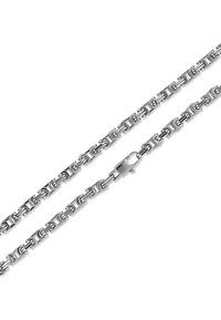 Collana in acciaio inossidabile argentato con anelli rettangolari intrecciati e un semplice dettaglio di chiusura. Texture liscia con finitura lucida.