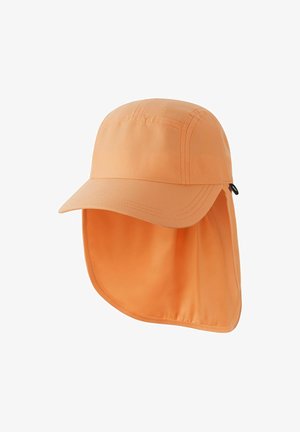 Jasnopomarańczowy kapelusz przeciwsłoneczny z szerokim rondem i wydłużonym płatem na kark, zapewniający pełną ochronę głowy i szyi przed słońcem.