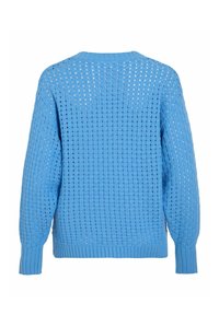 Pull bleu tricoté avec un motif ajouré ample, manches longues, poignets côtelés et ourlet côtelé, vu de dos.