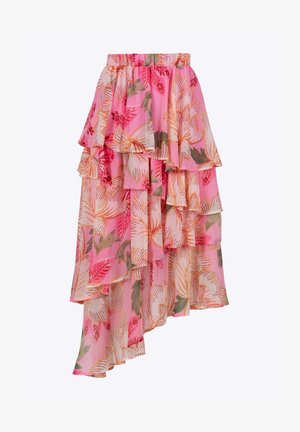 Vícevrstvová sukně vyrobená z lehké, poloprůhledné látky s květinovým vzorem v růžové, oranžové a zelené barvě. Asymetrický lem s volány.