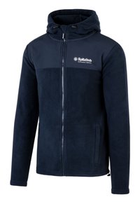Marineblaues Zip-Up-Fleecejacke mit Kapuze, ausgestattet mit einer glatten Textur, zwei seitlichen Taschen und einem Logo auf der linken Brustseite.