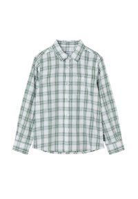 Pitkähihaisa nappikauluspainda valkoisessa ja vihreässä ruudullisessa kuosissa, jossa on kaulus, nappikiinnitys ja yksi rintatasku.