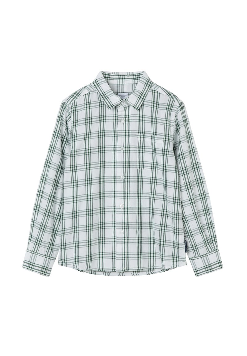 Pitkähihaisa nappikauluspainda valkoisessa ja vihreässä ruudullisessa kuosissa, jossa on kaulus, nappikiinnitys ja yksi rintatasku.