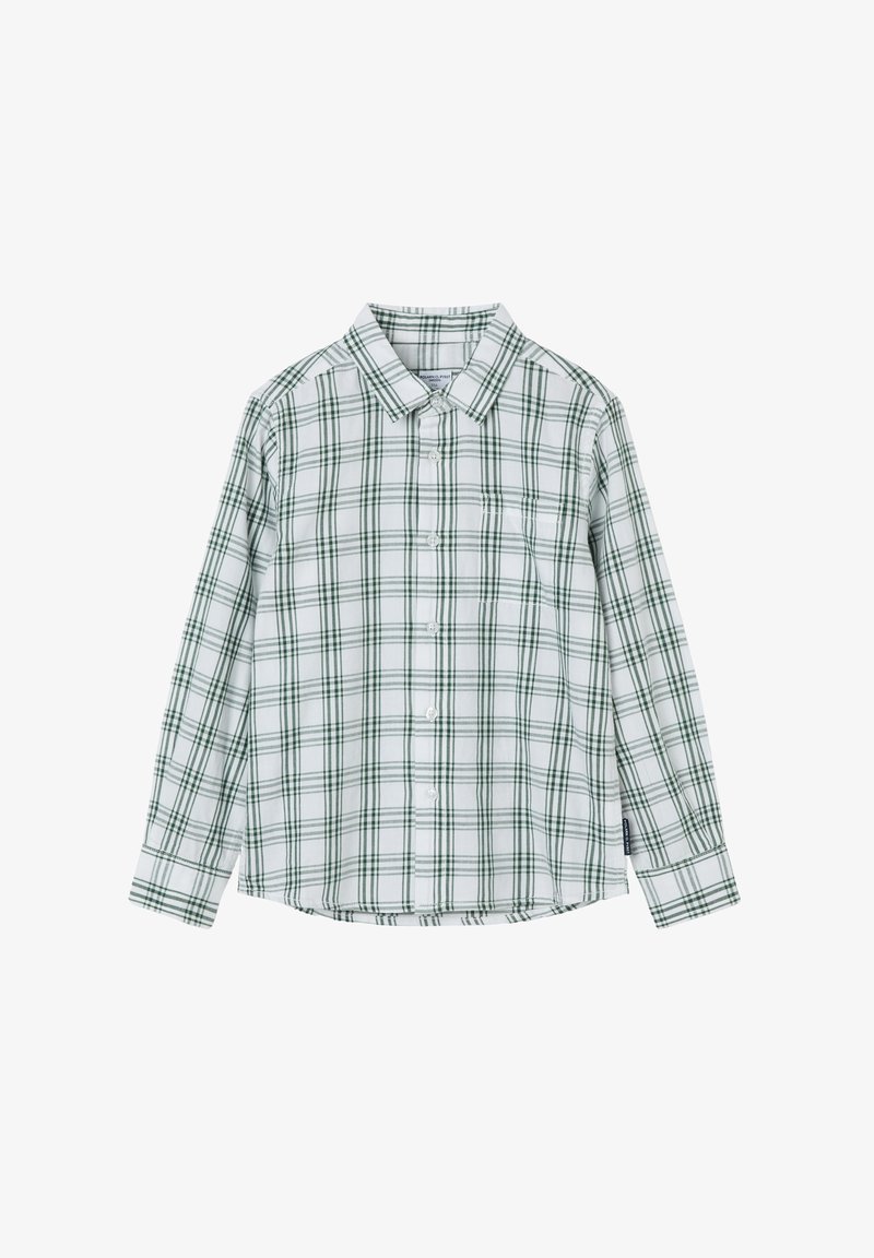 Pitkähihaisa nappikauluspainda valkoisessa ja vihreässä ruudullisessa kuosissa, jossa on kaulus, nappikiinnitys ja yksi rintatasku.